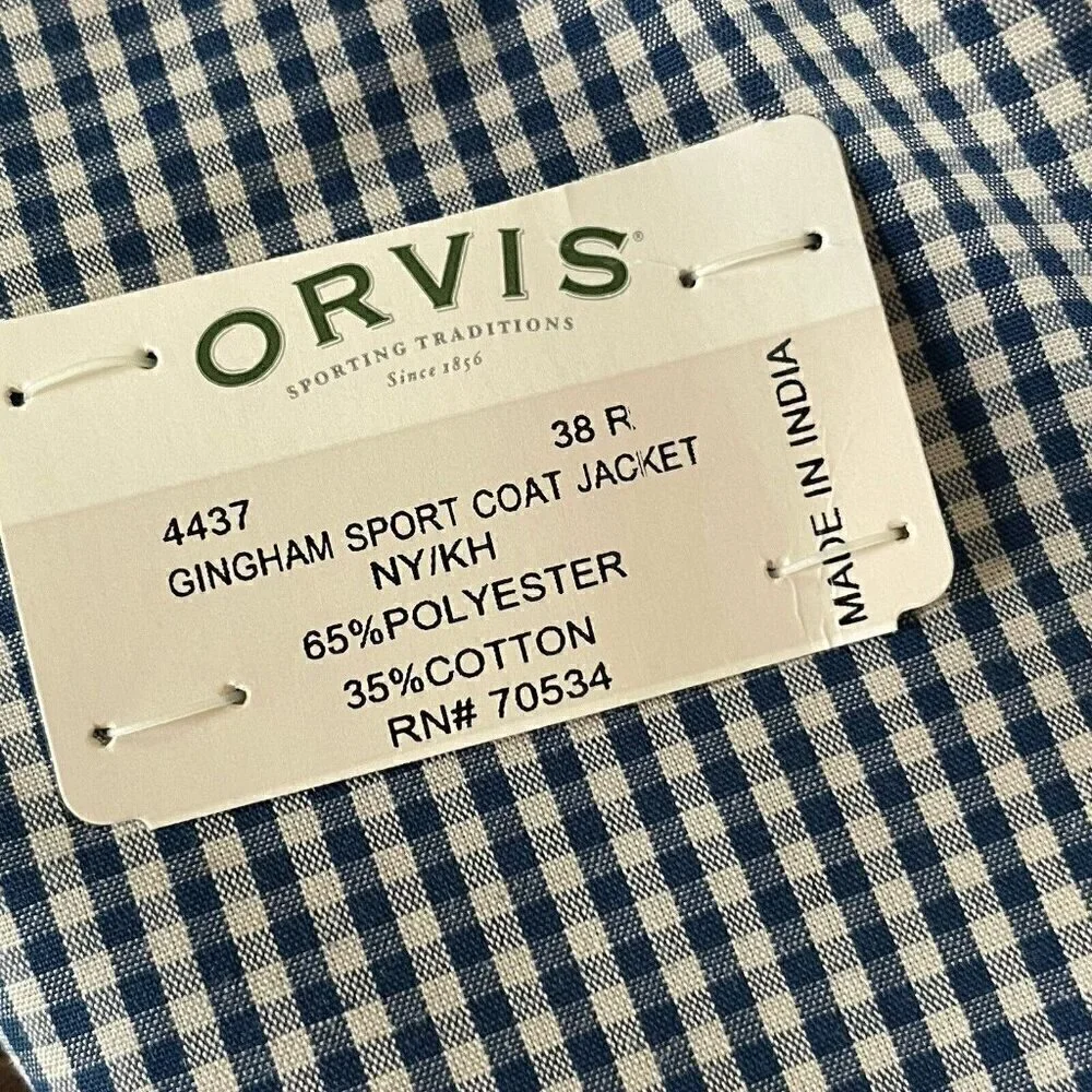 Orvis Mens Sport Coat Jacket 38R Navy Blue Beige Gingham Cotton Blend Two Button